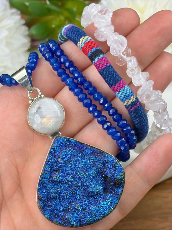 Southwest Jewelry - Genuine Titanium Druzy Quartz Moonstone Pendant Necklace Jewelry Set Lot 925